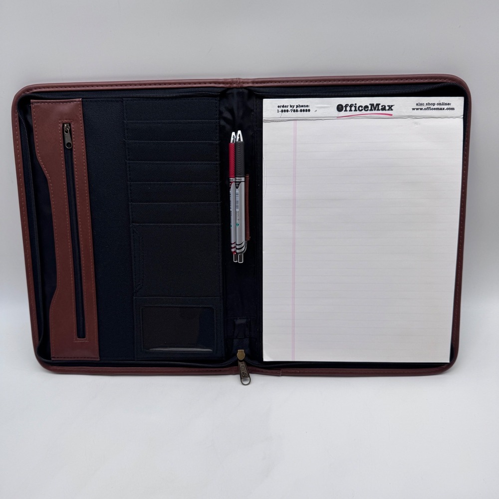 Shell Padfolio Black Brown Zippered Organizer Portfolio with Notepad and 2 pens